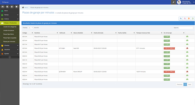 Asignación de plazas de garajes por minutos o fijas.